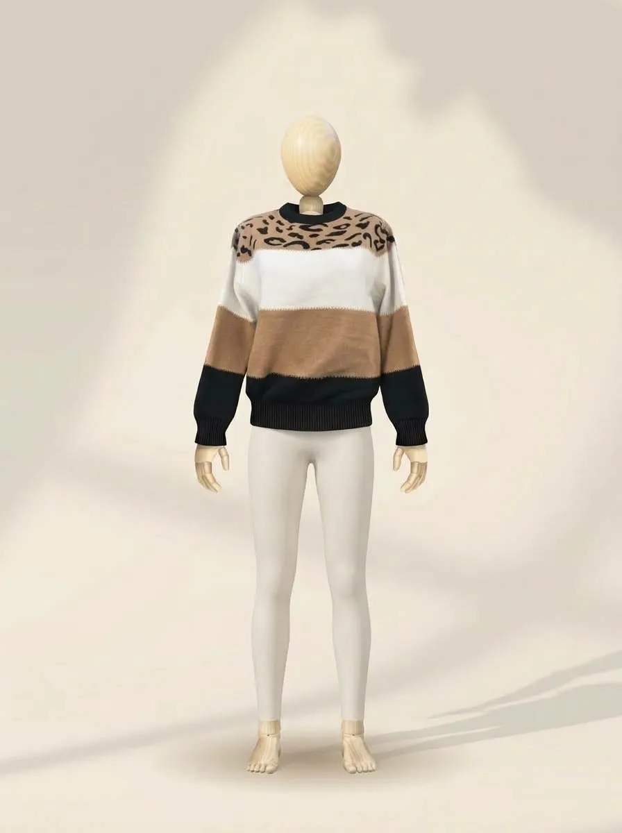 Leopard colour-block jumper